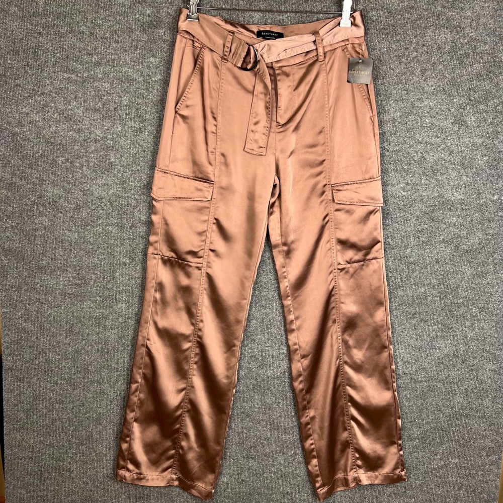 NEW Sanctuary Cargo Pants Womens 27 Brown Satin Belted Utility Pockets